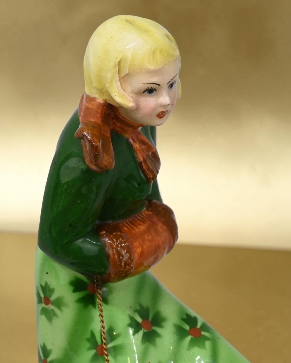 Figura di Donna Con Due Cani - Ceramica Policroma - Italia Anni 30-photo-2